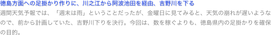 徳島方面への足掛かり作りに、川之江から阿波池田を経由、吉野川を下る
週間天気予報では、「週末は雨」ということだったが、金曜日に見てみると、天気の崩れが遅いようなので、前から計画していた、吉野川下りを決行。今回は、数を稼ぐよりも、徳島県内の足掛かりを確保の目的。