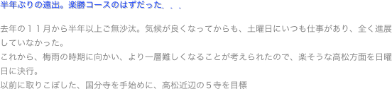 半年ぶりの遠出。楽勝コースのはずだった．．．

去年の１１月から半年以上ご無沙汰。気候が良くなってからも、土曜日にいつも仕事があり、全く進展していなかった。
これから、梅雨の時期に向かい、より一層難しくなることが考えられたので、楽そうな高松方面を日曜日に決行。
以前に取りこぼした、国分寺を手始めに、高松近辺の５寺を目標